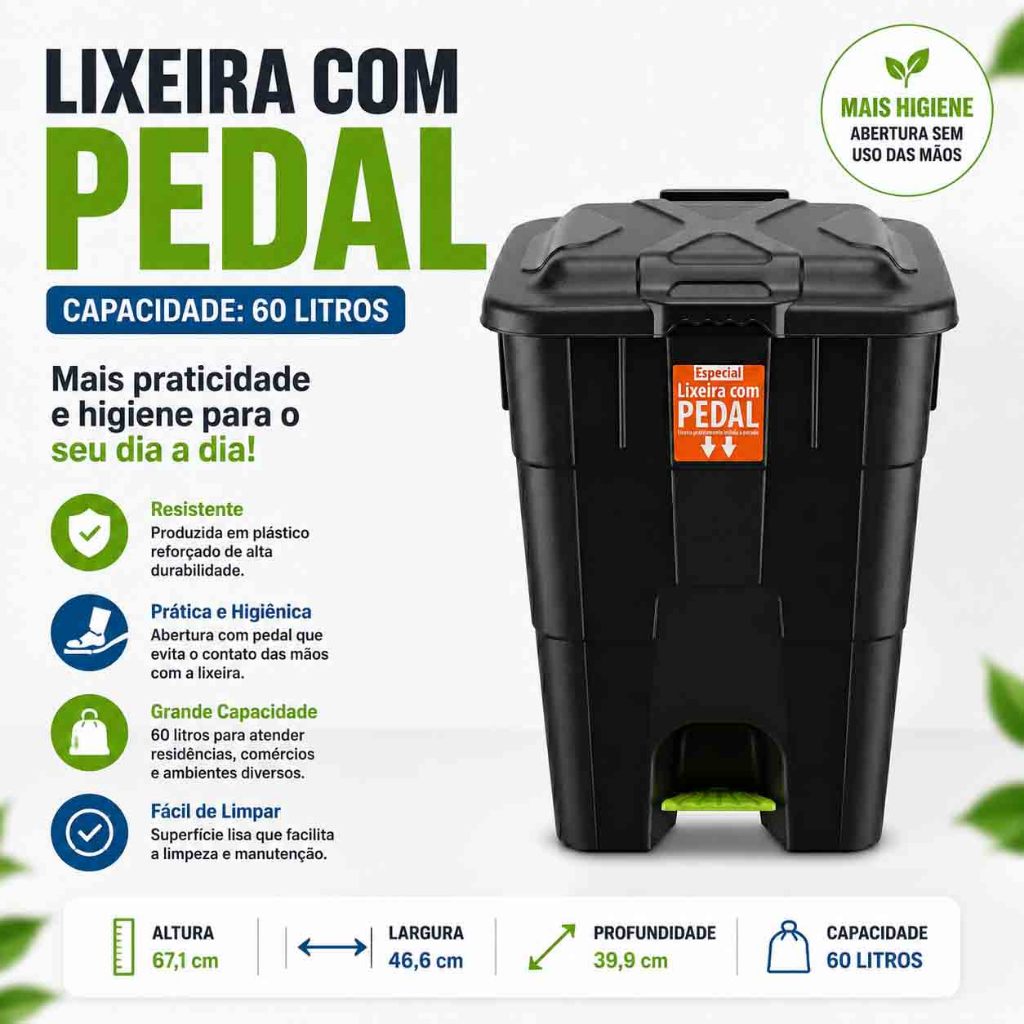 Lixeira Quadrada Com Pedal 60L Tampa Articulada Haste Externa Reforçada Alça Transporte Resistente