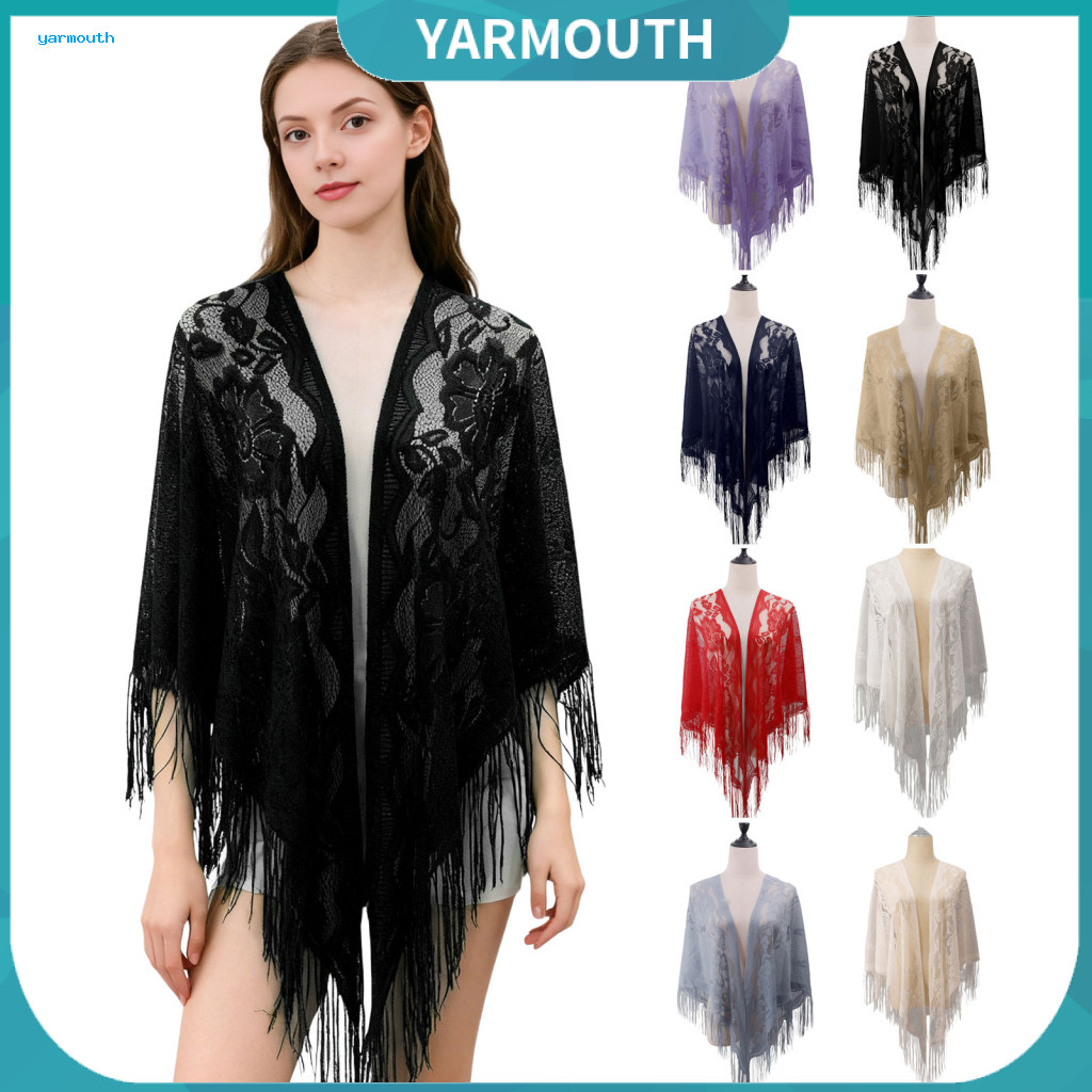 Soft Lace Shawl for Gala for Wedding Elegant Floral Embroidered Triangle with Fringe – Lightweight Mesh Wrap for Women