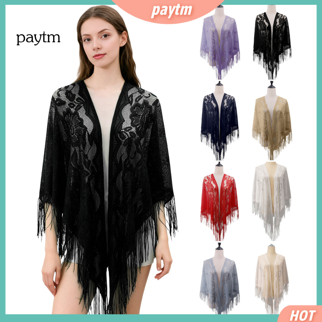 Elegant Mesh Scarf for Party Bridal Cape for Evening Dress Floral Embroidered Triangle Lace Shawl with Fringe – Lightw