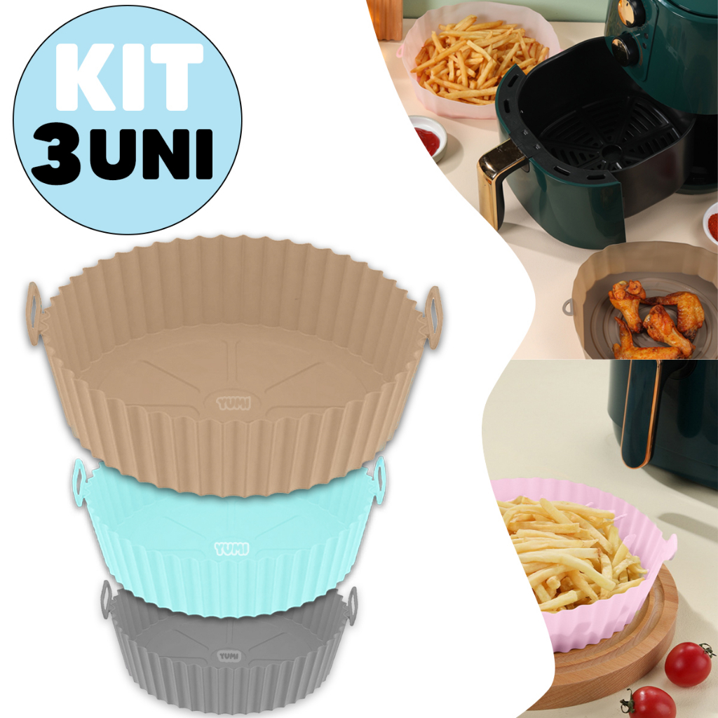 Kit 3 Cesto de Silicone Redondo Air Fryer e Forno Forma para Fritadeira Elétrica com Alça Grossa 80g + Resistente + Durável