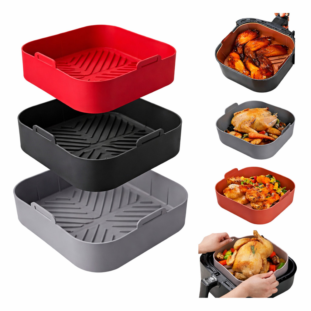 Kit 3 Formas De Silicone Quadrada Assadeira Air Fryer Forno Forma Para Fritadeira Elétrica Com Alça