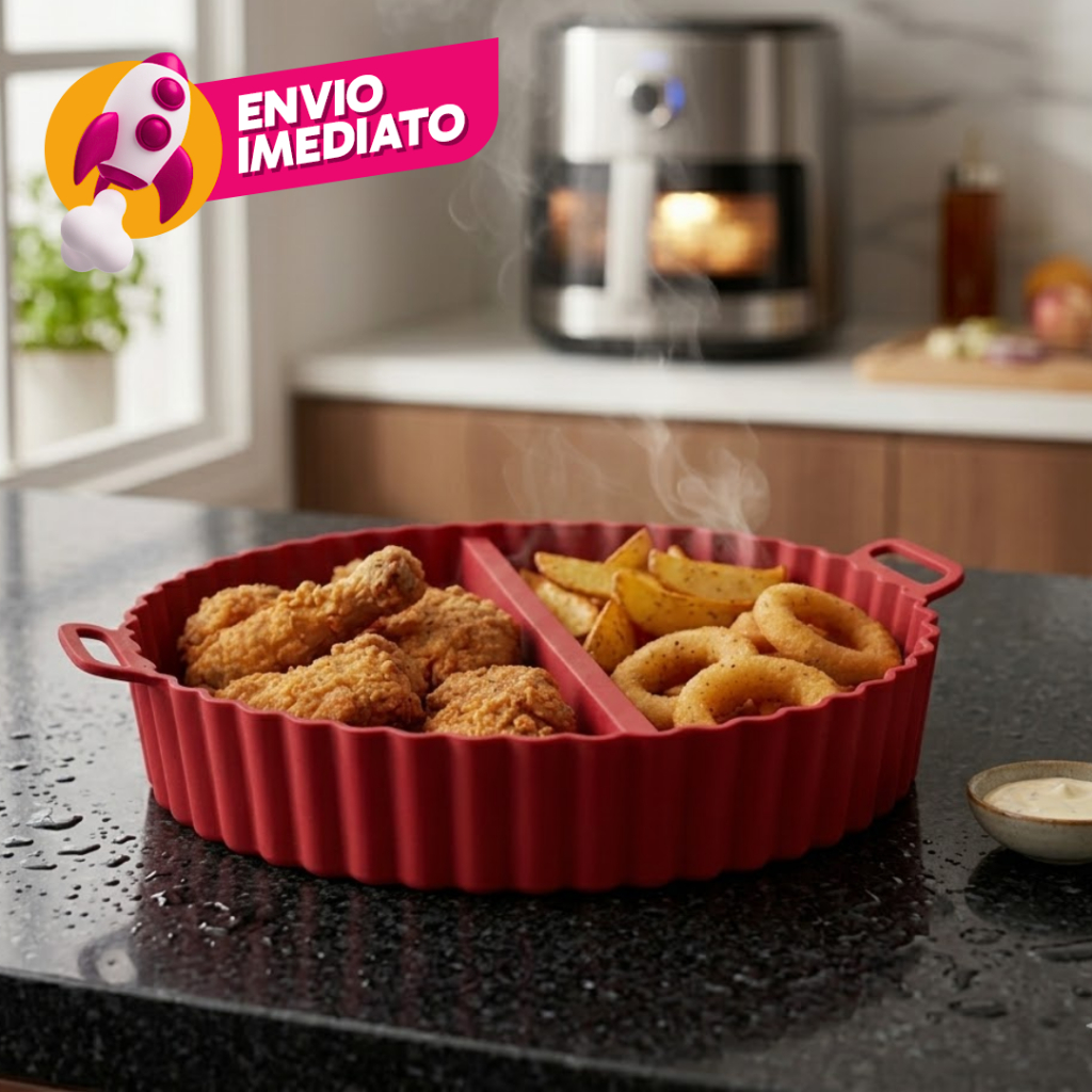 Kit Forma Air Fryer Redonda Silicone Com Divisoria Assadeira Para Fritadeira Forno Micro-ondas