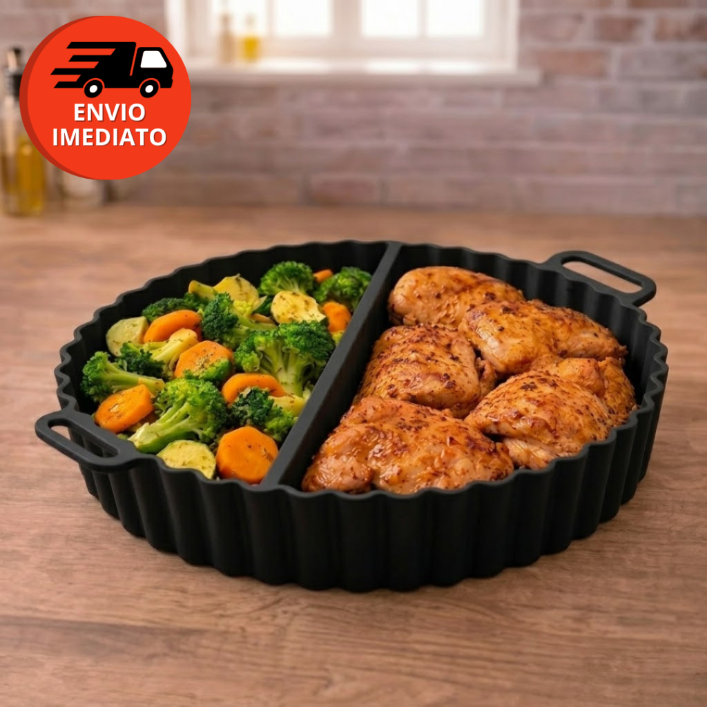 Kit Forma Redonda Silicone Com Divisoria Assadeira Para Air Fryer Fritadeira Forno Micro-ondas