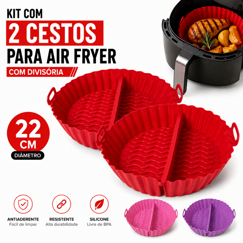 Kit 2 Forma Silicone Air Fryer Divisória 22cm Cesto Fritadeira Elétrica Antiaderente Reutilizável