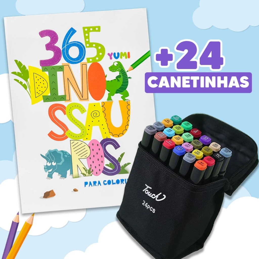Livro 365 Desenhos Para Colorir Dinossauros + Caneta Canetinhas Coloridas Touch Com Ponta Dupla
