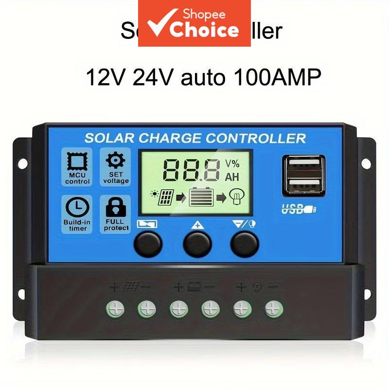 Controlador Solar de Carga PWM Regulador de Painel Solar com Display LCD Ajustável, Porta USB Dupla, Configuração de