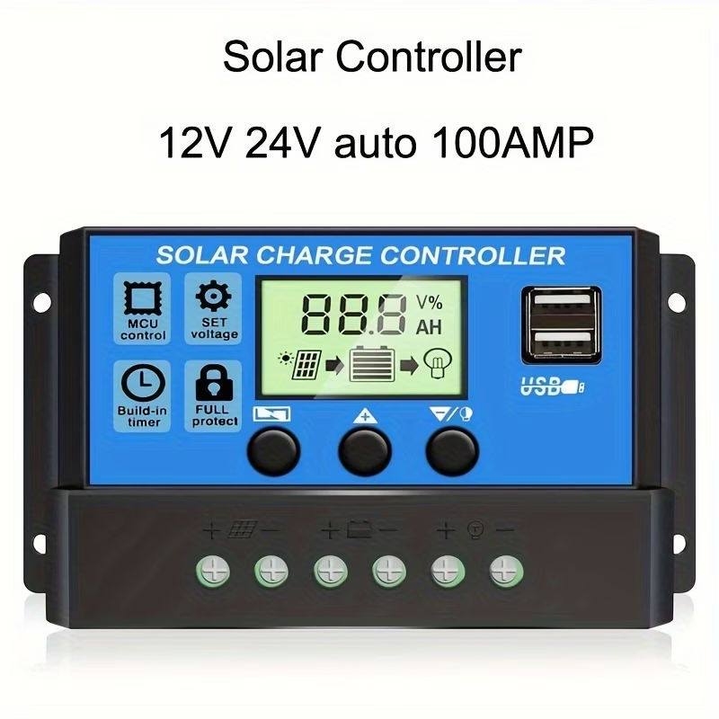Controlador de Carga Solar PWM Regulador de Painel Solar com Display LCD Ajustável, Porta USB Dupla, Configuração de