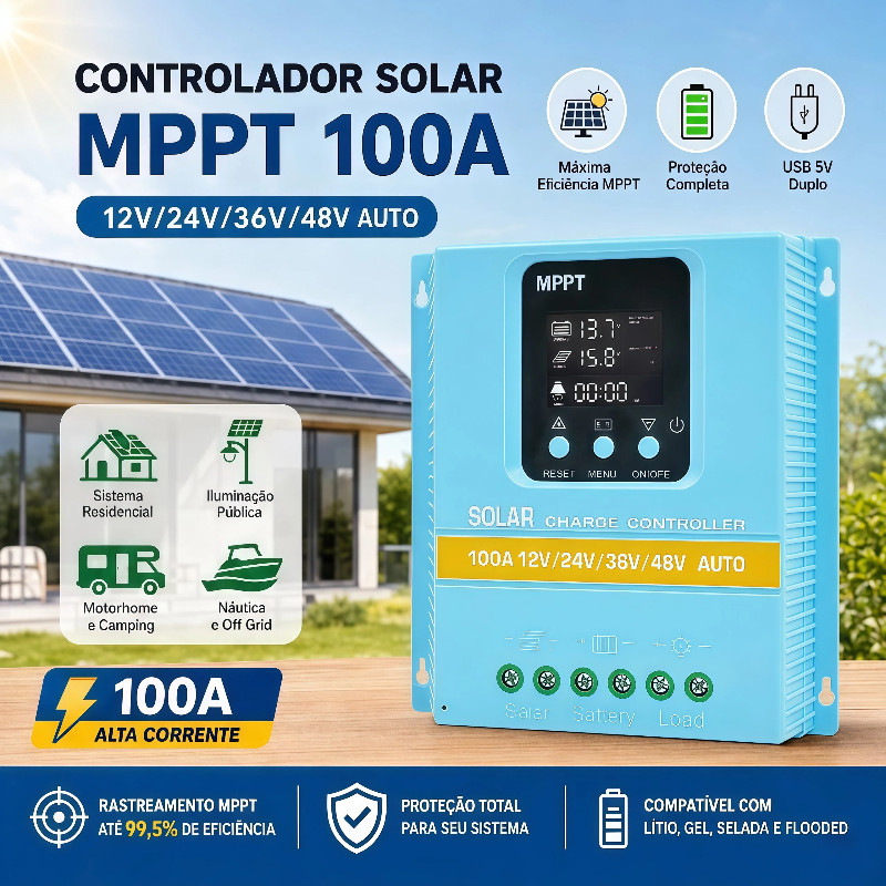 Controlador De Carga MPPT 100A Regulador De Tensão 12V A 60V Compatível Painel Fotovoltaico E Baterias