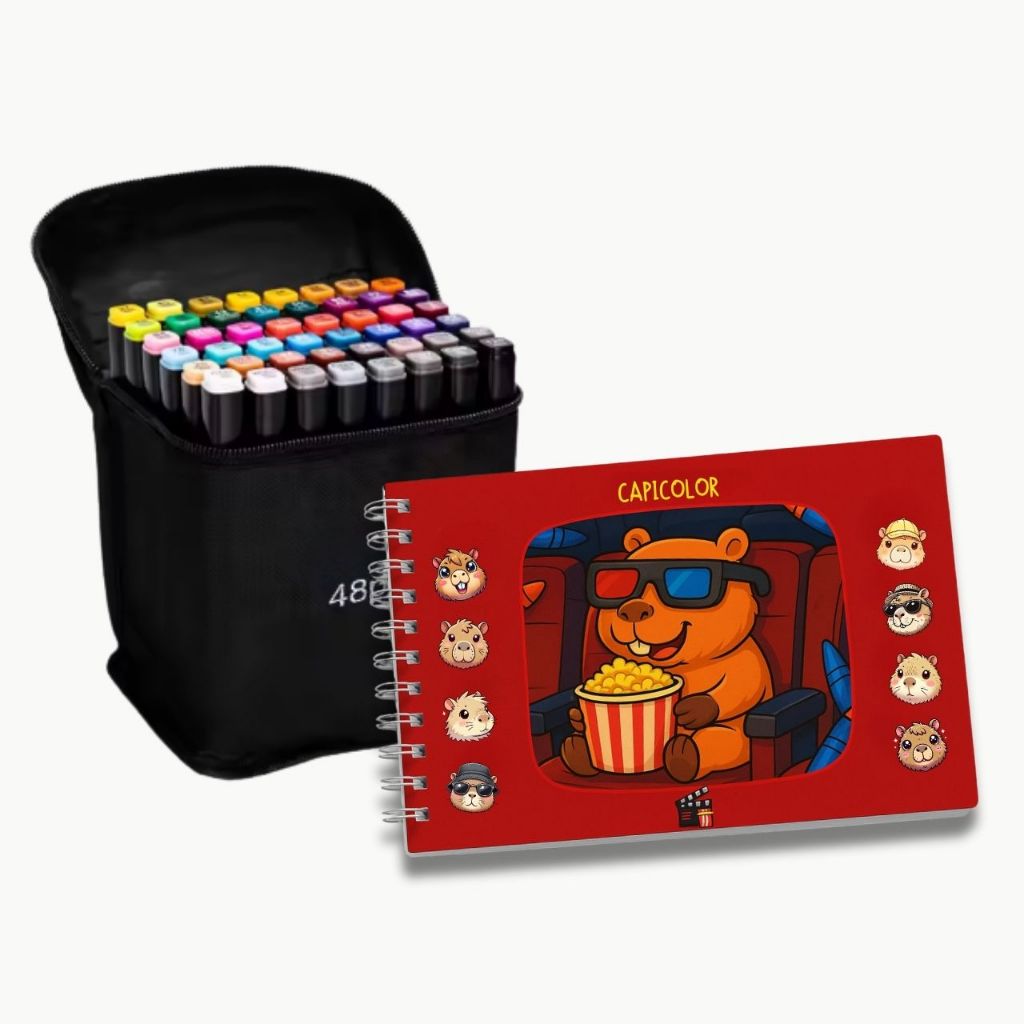 Kit Livro Colorir Capicolor Capivaras Cinema Filmes Séries + 48 Cores Canetinhas Ponta Dupla