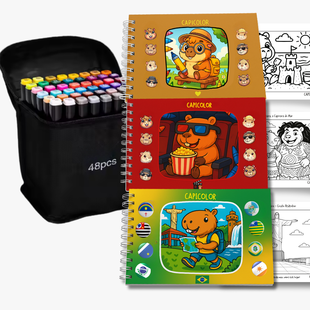 Kit 3 Livros Capivara Capicolor 150 pág Colorir + 48 Canetinhas Pintar Desenhos Fofo Cinema Brasil