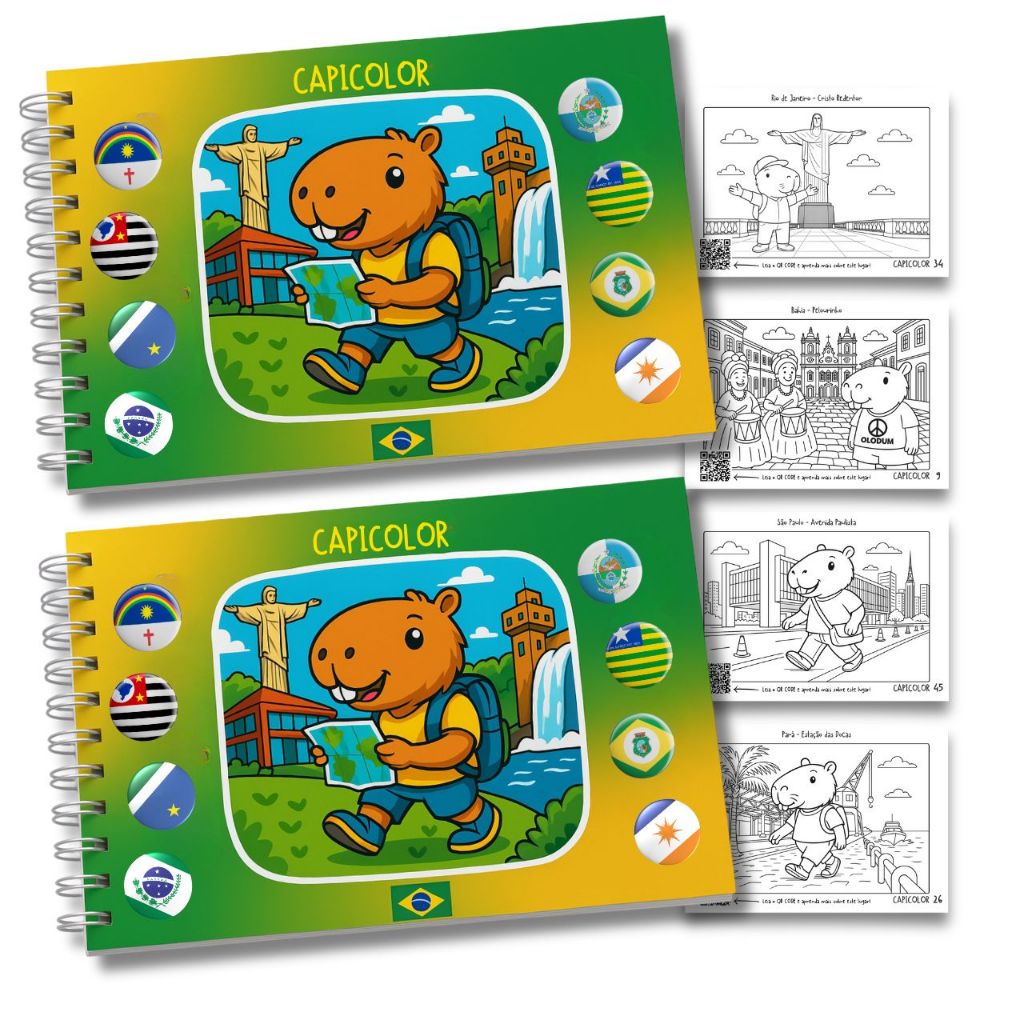 Kit Capicolor 2 Livros de Colorir Capivaras Pelo Brasil Cultura e Diversão Papel 180g Folha Acetato