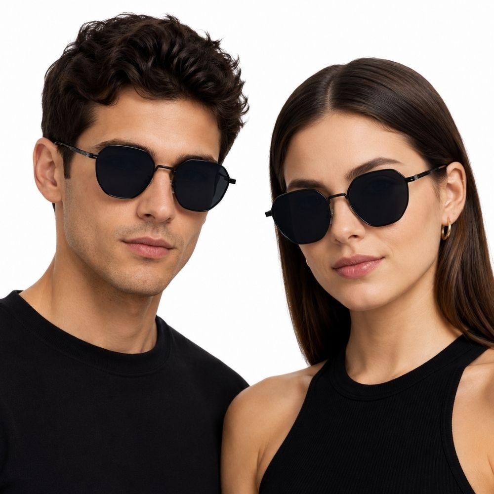 Óculos de Sol Hexagonal Preto Unissex Hexa Black Armação Metal Fina Escura UV400 Envio Imediato