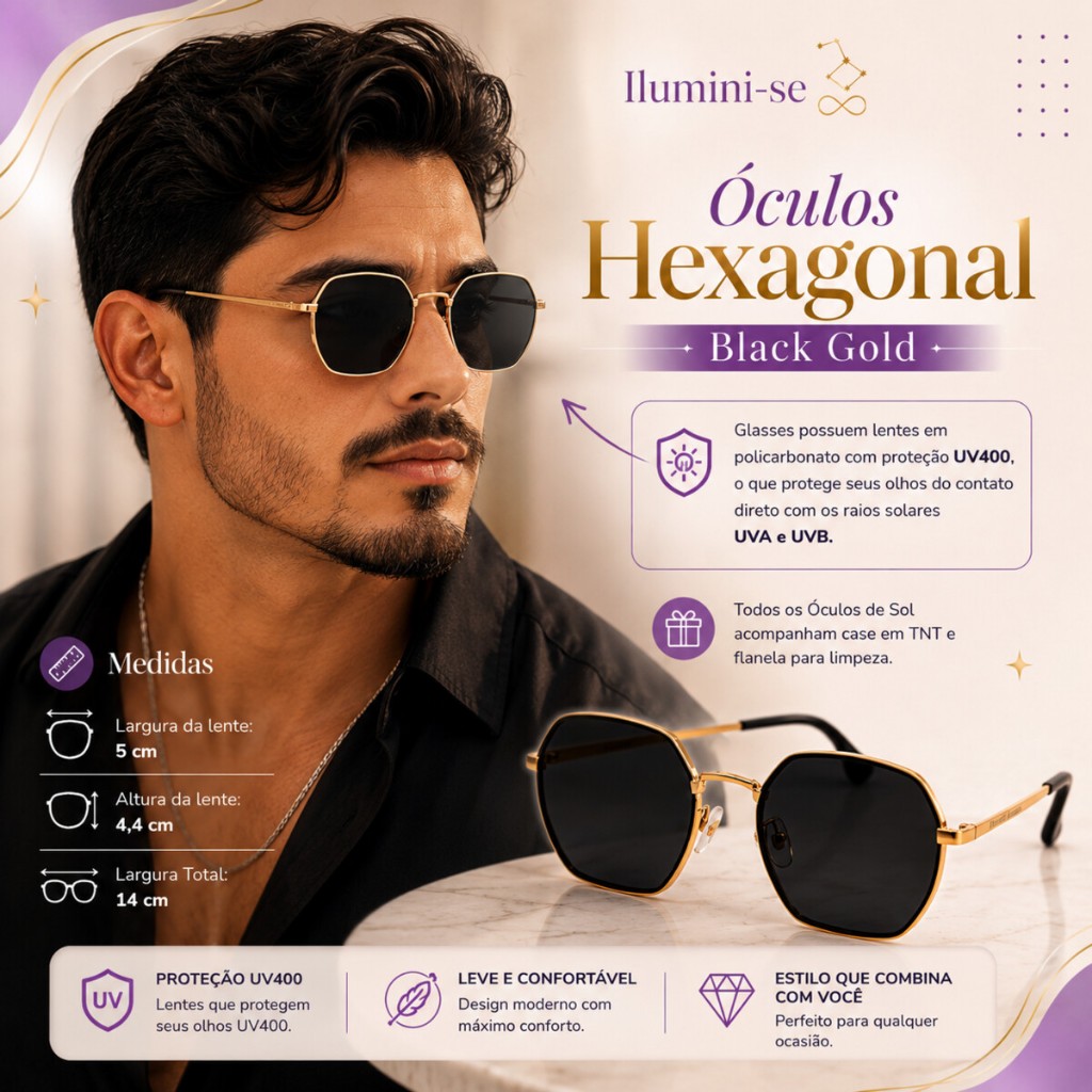 Óculos de Sol Hexagonal Black Gold Unissex UV400 Armação Metal