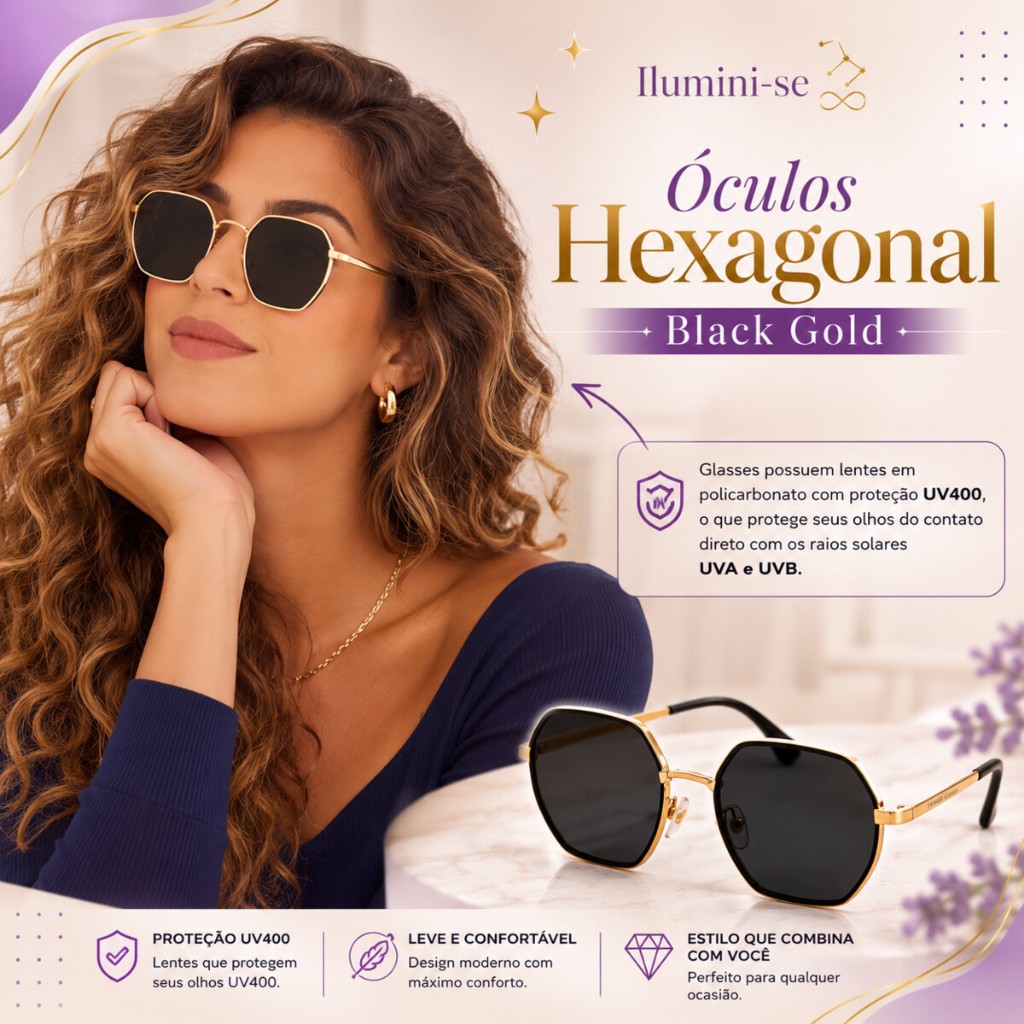 Óculos de Sol Hexagonal Black Gold Unissex UV400 Armação Metal