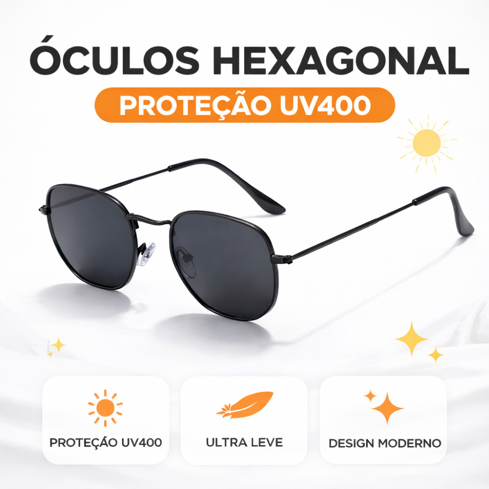 Óculos De Sol Hexagonal Unissex  Preto Fashion Minimalista Moderno Leve  com Proteção UV400 - Hexagonal Metal