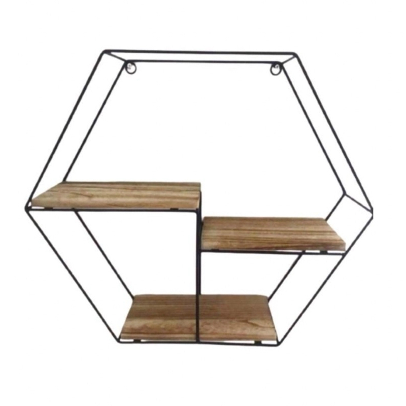 Prateleira Nicho Hexagonal Preto Metal Madeira Parede Decorativo Sala Quarto