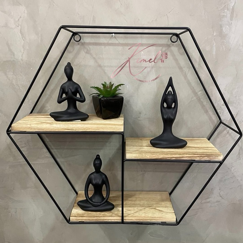 Nicho Hexagonal Preto Metal Madeira Prateleira Decorativa Colmeia Estilo Moderno