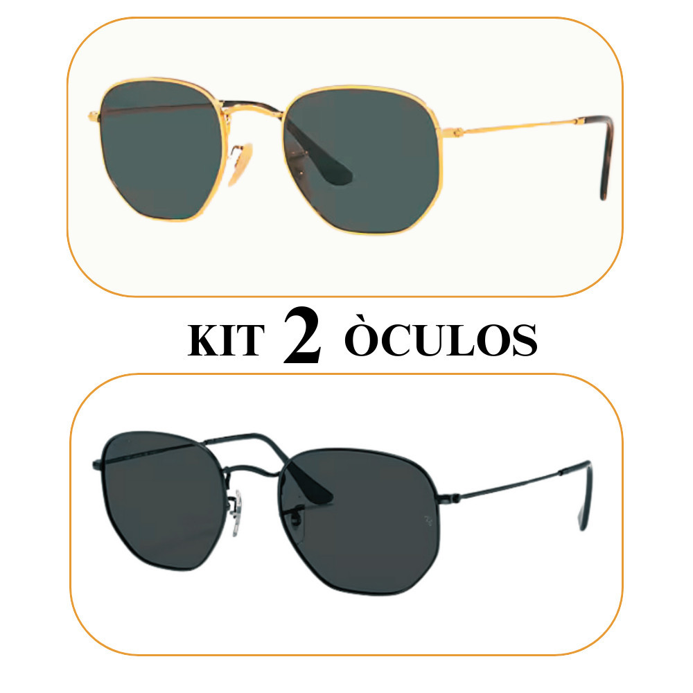 Óculos de Sol Hexagonal Clássico Preto Black + Hexagonal Armação em Metal Dourado Feminino Masculino