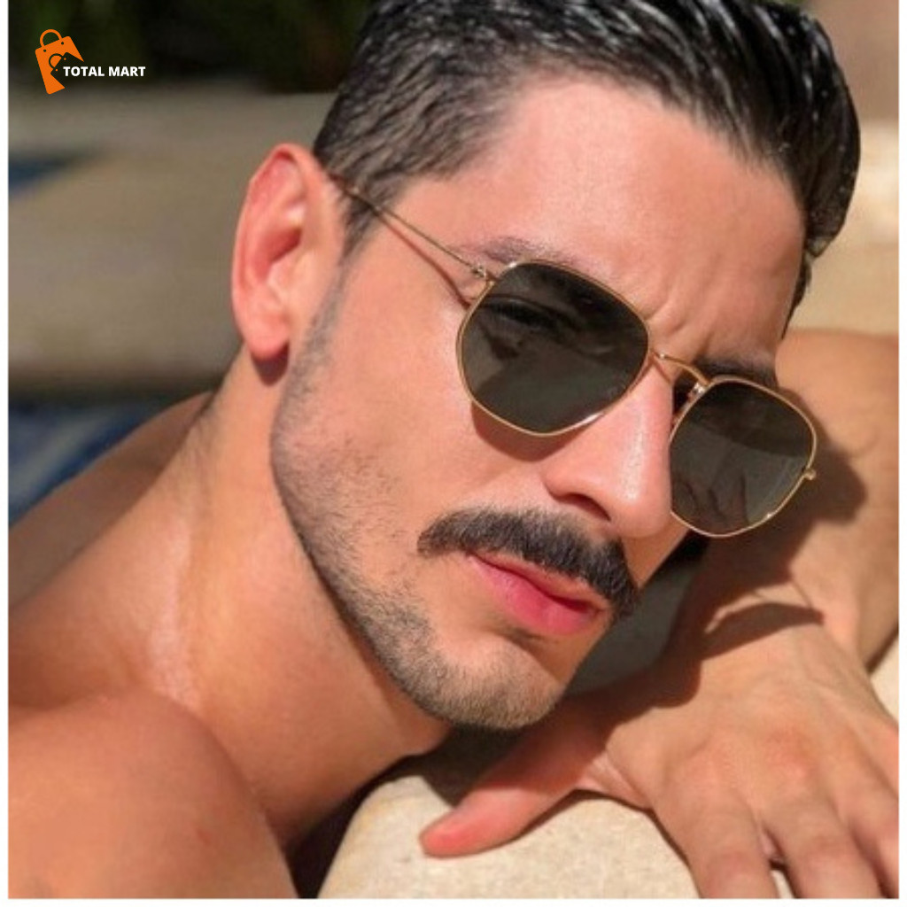 Óculos de Sol Hexagonal UV400 Feminino e Masculino Unissex Com Armação De Metal Preto Dourado