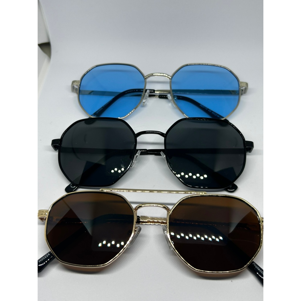 Óculos De Solar Hexagonal Metal Unisex Preto Marrom E Azul