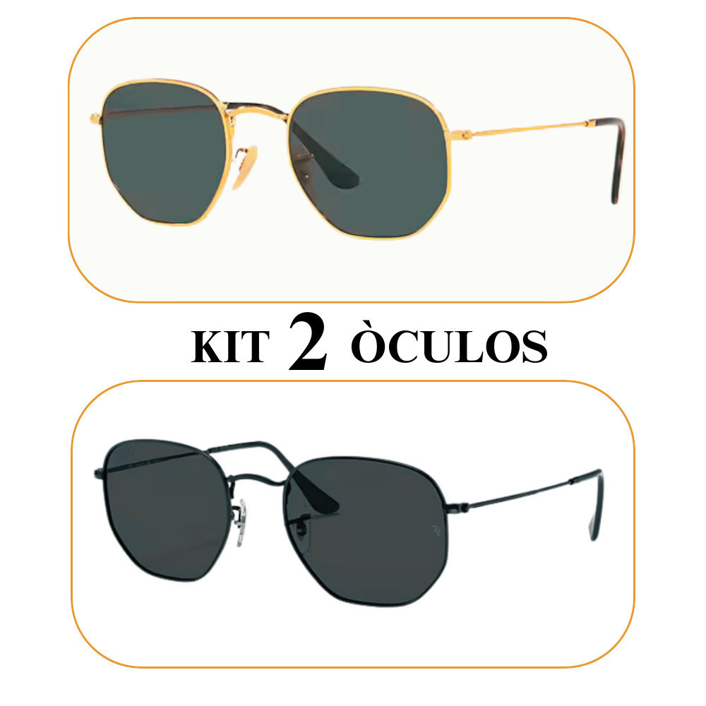 Óculos de Sol Hexagonal Clássico Preto Black + Hexagonal Armação em Metal Dourado Feminino Masculino