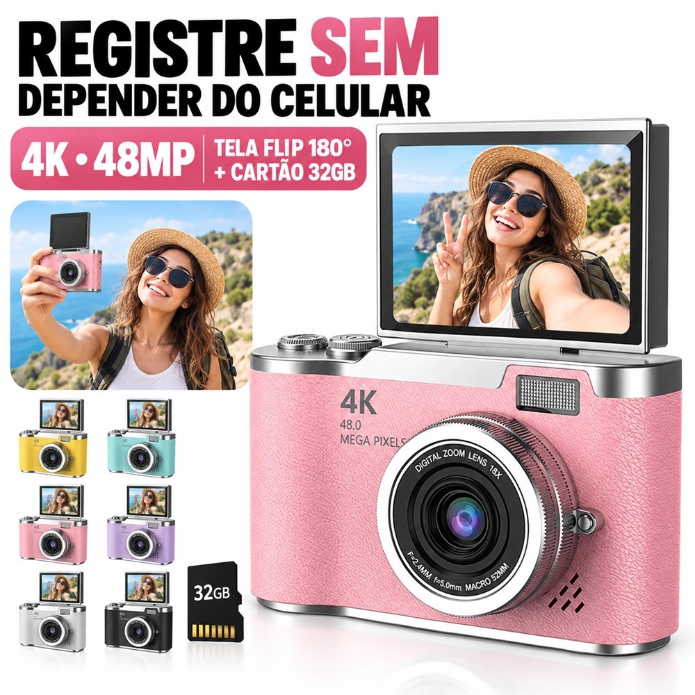 Câmera Digital 4K 48MP com Tela Flip 180° e Cartão TF 32GB