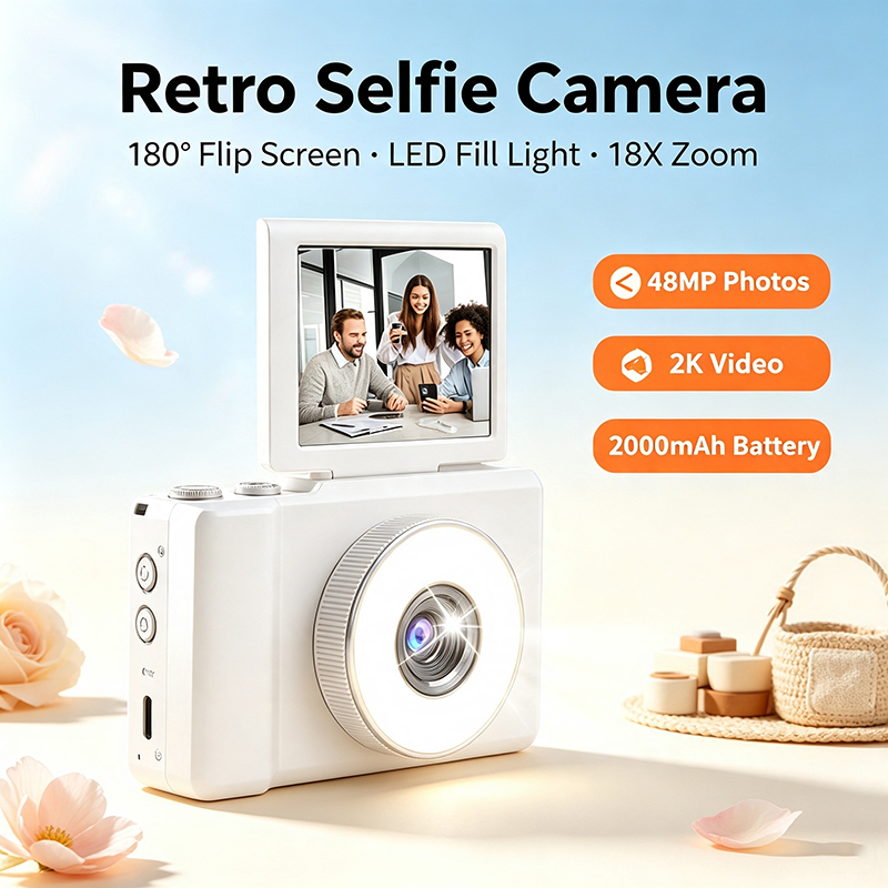 Câmera Digital CCD Retro 48MP 180 ° Selfie Com Tela Flip Luz De Preenchimento LED Vlog Portátil Zoom De 2K E Vídeo 18X
