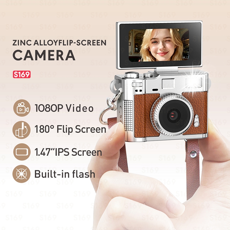 Mini Câmera Digital Liga De Zinco Vintage 180 ° Selfie Com Tela Flip 1080P Luz De Preenchimento Filtro Retrô Portátil Pa