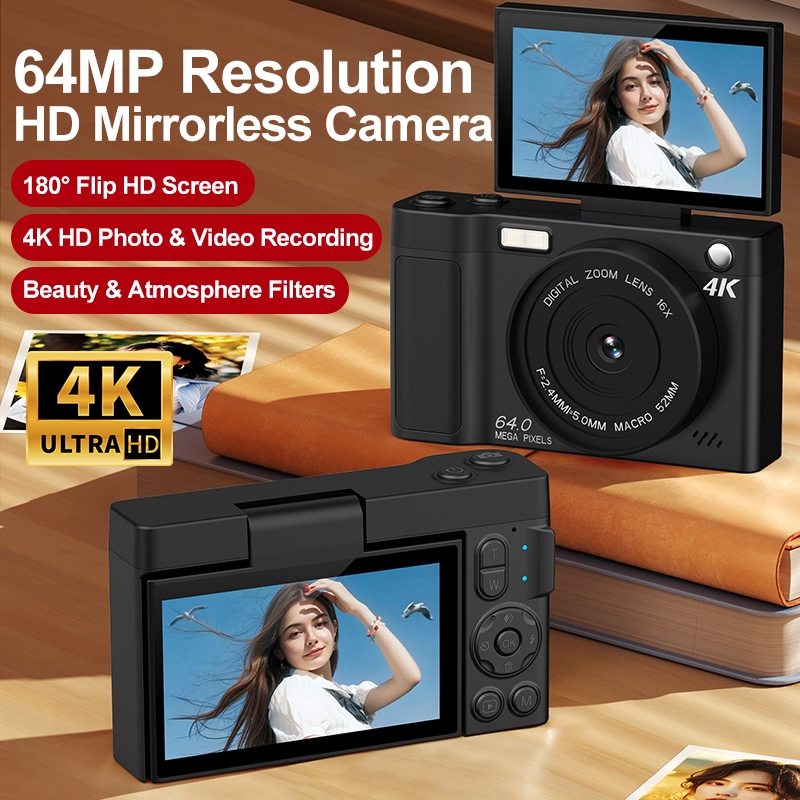 Câmera Digital 4K 64MP Vintage 180 ° Selfie Com Tela Flip Luz De Preenchimento LED Portátil Zoom 16X
