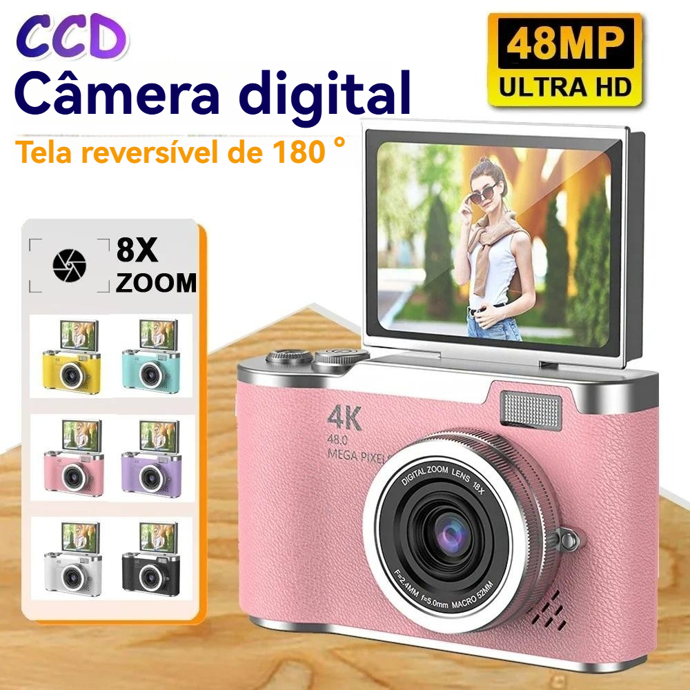 Câmera Digital Com Zoom 4K CCD 8X Para Fotográfica Compacta Studen 180 ° Selfie Tela Flip