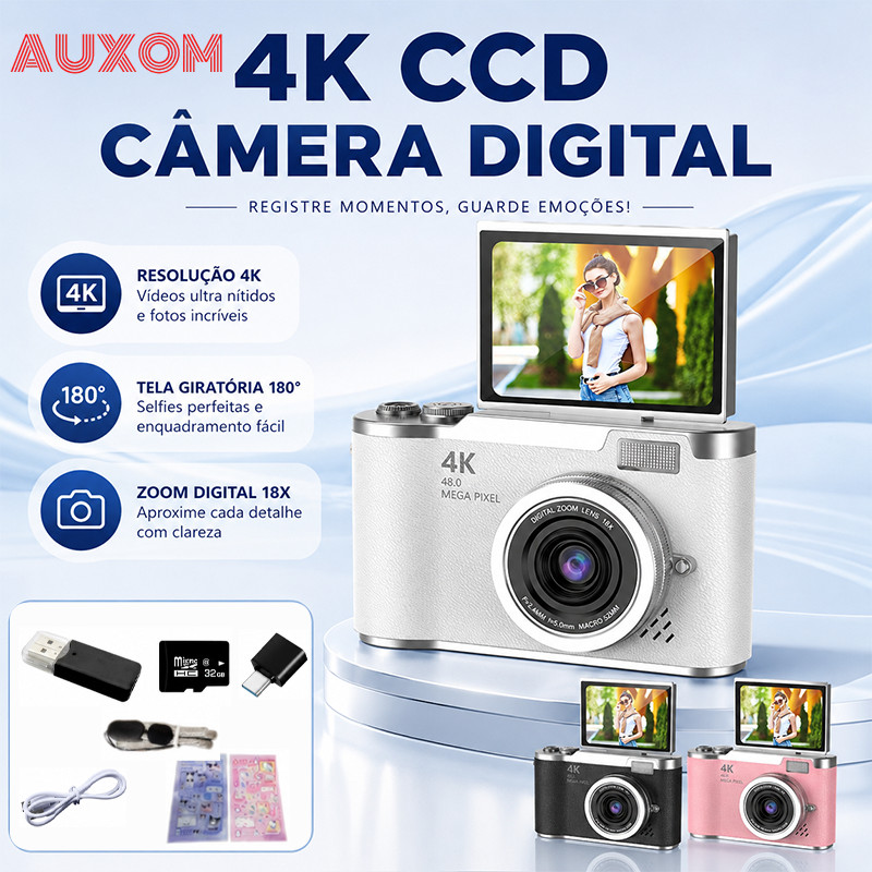 Câmera digital com zoom 4K CCD 8x, adequada para fotografia estudantil, compacta de 48MP, tela flip selfie de 180°