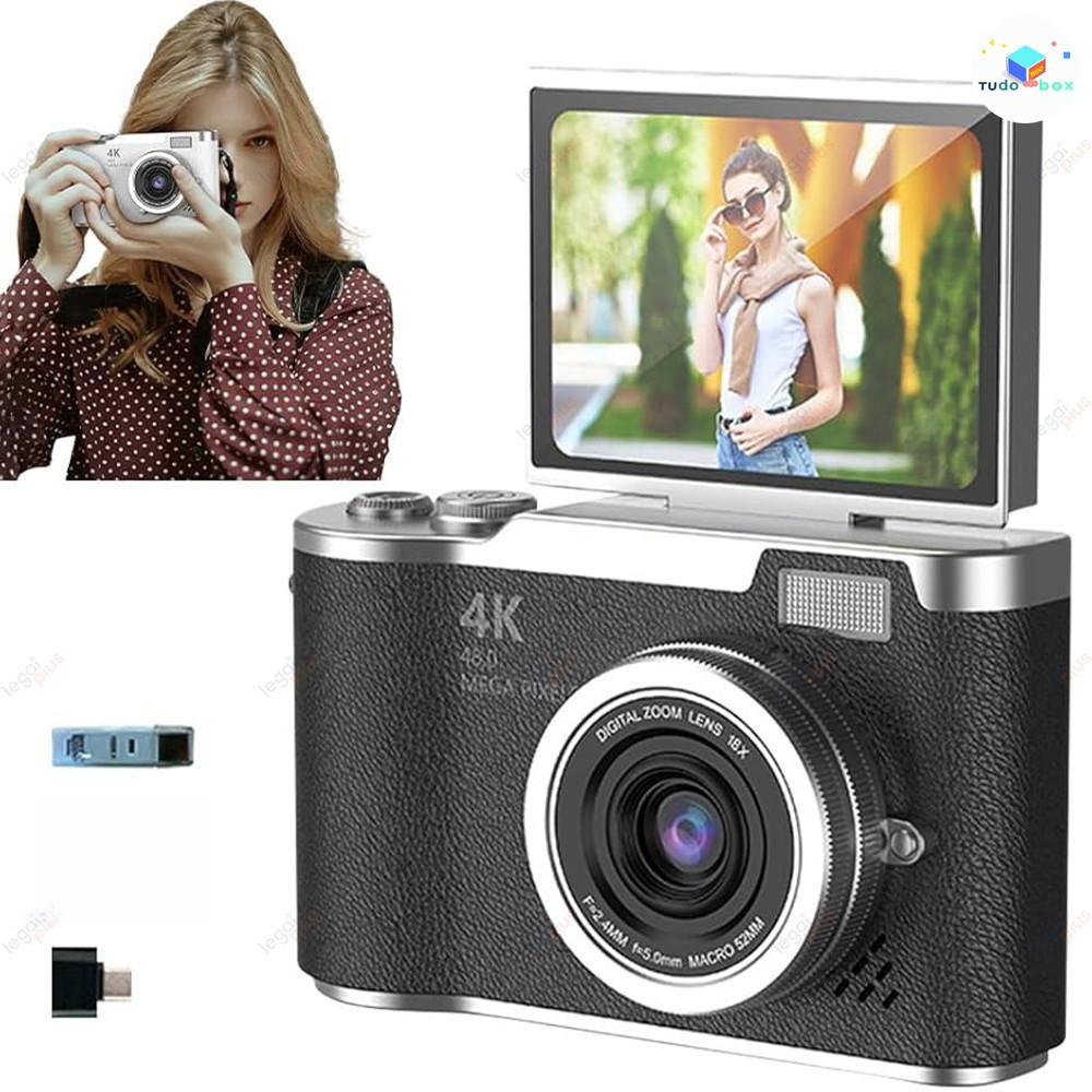 Câmera Digital 4K com Tela Flip 180° Ideal para Selfies Zoom 8x CCD 48MP Compacta Estudantil