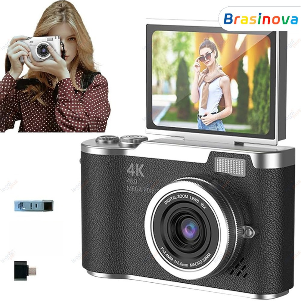 Câmera Digital 4K com Tela Flip 180° Ideal para Selfies Zoom 8x CCD 48MP Compacta Estudantil