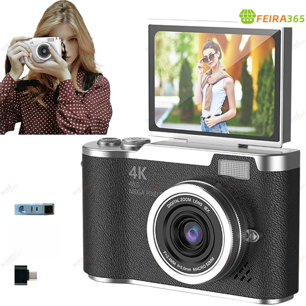 Câmera Digital 4K com Tela Flip 180° Ideal para Selfies Zoom 8x CCD 48MP Compacta Estudantil