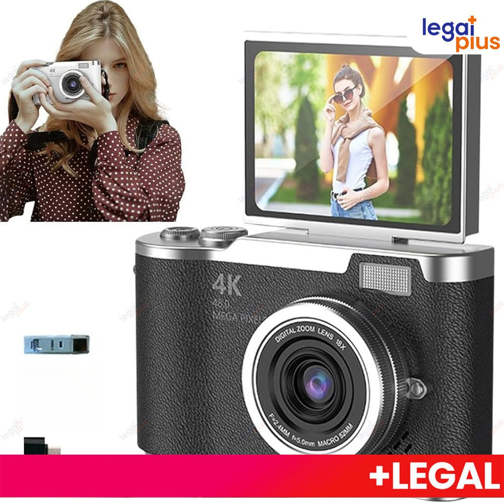 Câmera Digital 4K com Tela Flip 180° Ideal para Selfies Zoom 8x CCD 48MP Compacta Estudantil