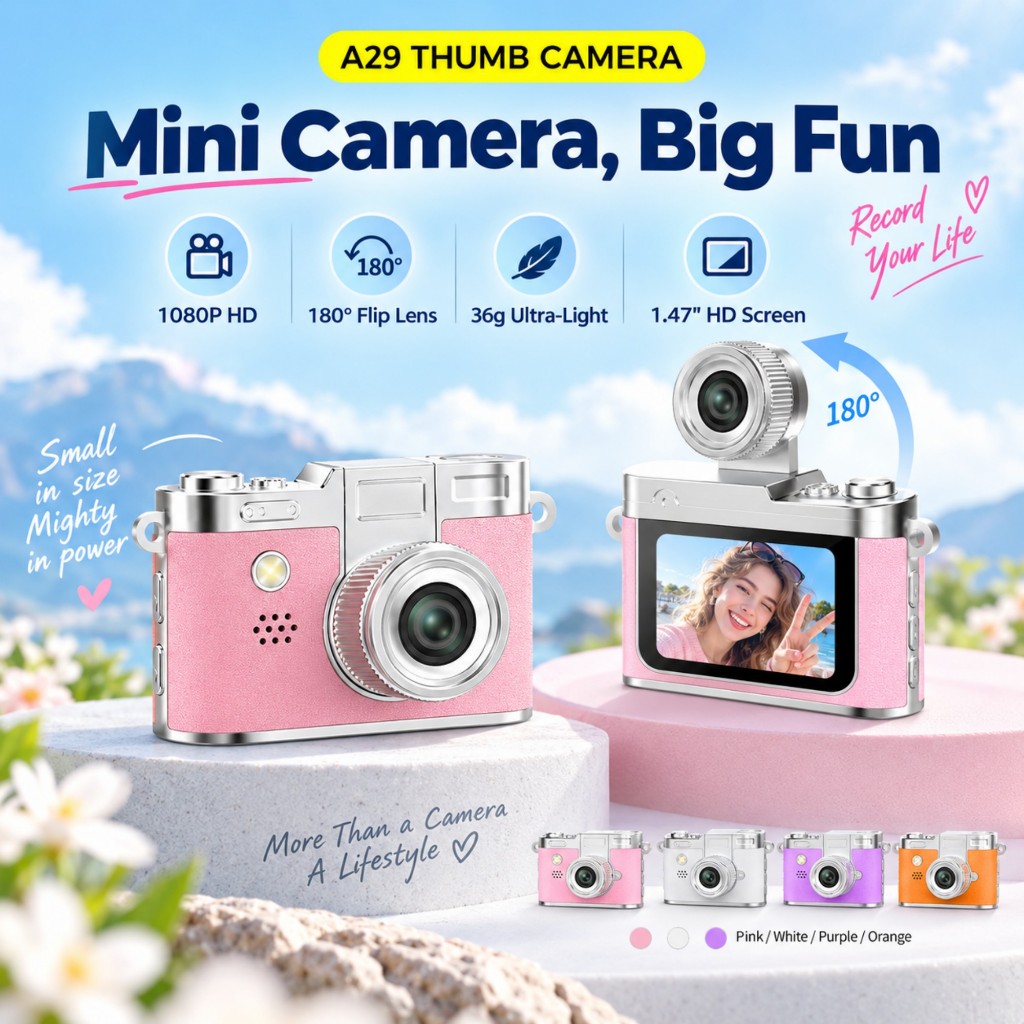 A29 Mini Câmera Digital 1080P HD Infantil 180 ° Flip Lens Selfie Pocket Camera Tela De 1.47'De Vídeo Portátil Presente P