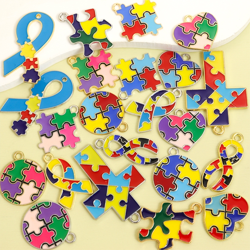 10 Peças Amuletos De Liga Com Tema De Autismo De Óleo De Gotejamento Colorido Criativo-Quebra-Cabeça/Coração/Redondo/Fit