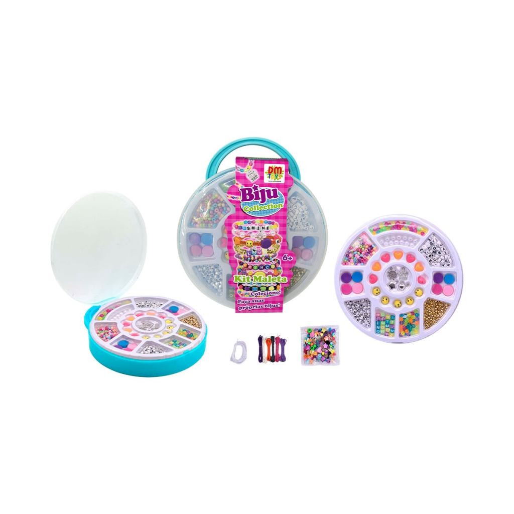 Kit Maleta Redonda Biju Collection Verde Água Miçangas Pingentes Corda Criativo Infantil