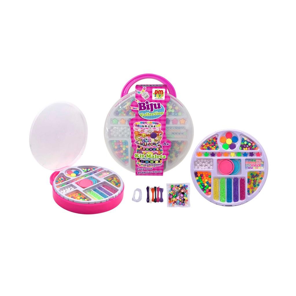 Kit Maleta Redonda Biju Collection Rosa Miçangas Pingentes Corda Criativo Infantil