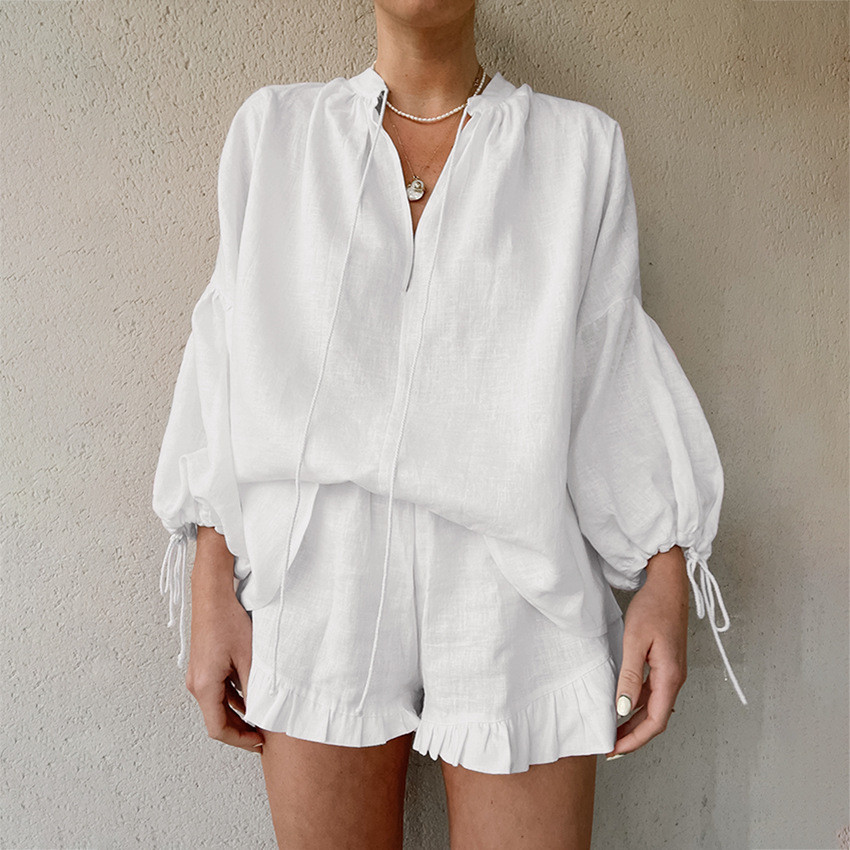 Conjunto De Duas Peças De Algodão De Linho Branco De Designer Europeu Feminino Casual Manga Lanterna Blusa E Shorts Comb