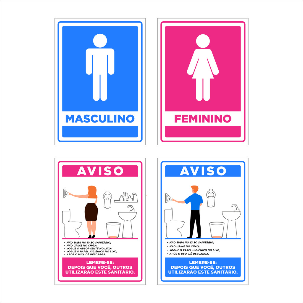 Kit 4 Placas PVC (19x13,5cm) Banheiro Masculino Feminino + Aviso