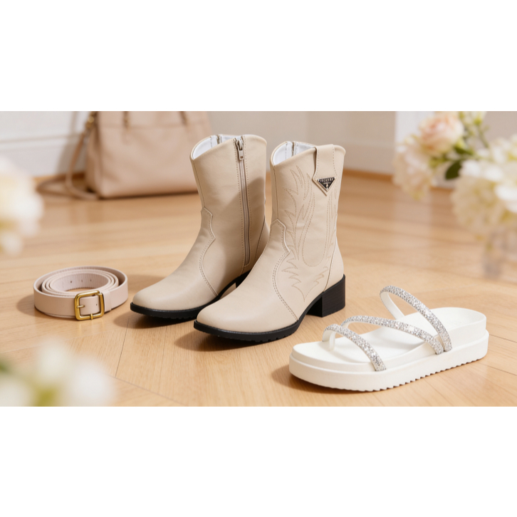 Kit 3 em 1 Bota  Off White Bege + Chinelo Strass + Cinto Feminino Completo Tendência Verão Primavera
