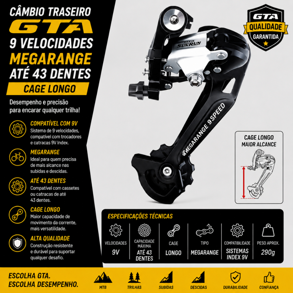 CÂMBIO TRASEIRO GTA 9V MEGARANGE ATÉ 43 DENTES CAGE LONGO PARA BIKE