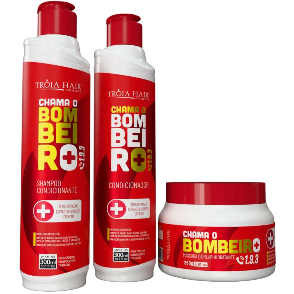 Kit Capilar Chama o Bombeiro Tróia Hair | Hidratação, Reparação e Nutrição Completa 3 Itens