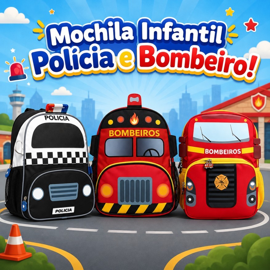 Mochila Infantil Policia  Bombeiro Profissoes Carro Escolar Creche Passeio Criança Menino Menina Poliester