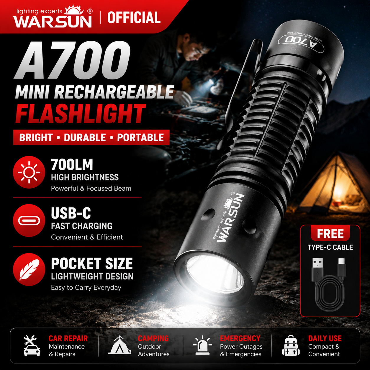 WARSUN A700 Lanterna LED Tática Recarregável Interruptor Duplo Tocha em Liga de Alumínio Mini EDC