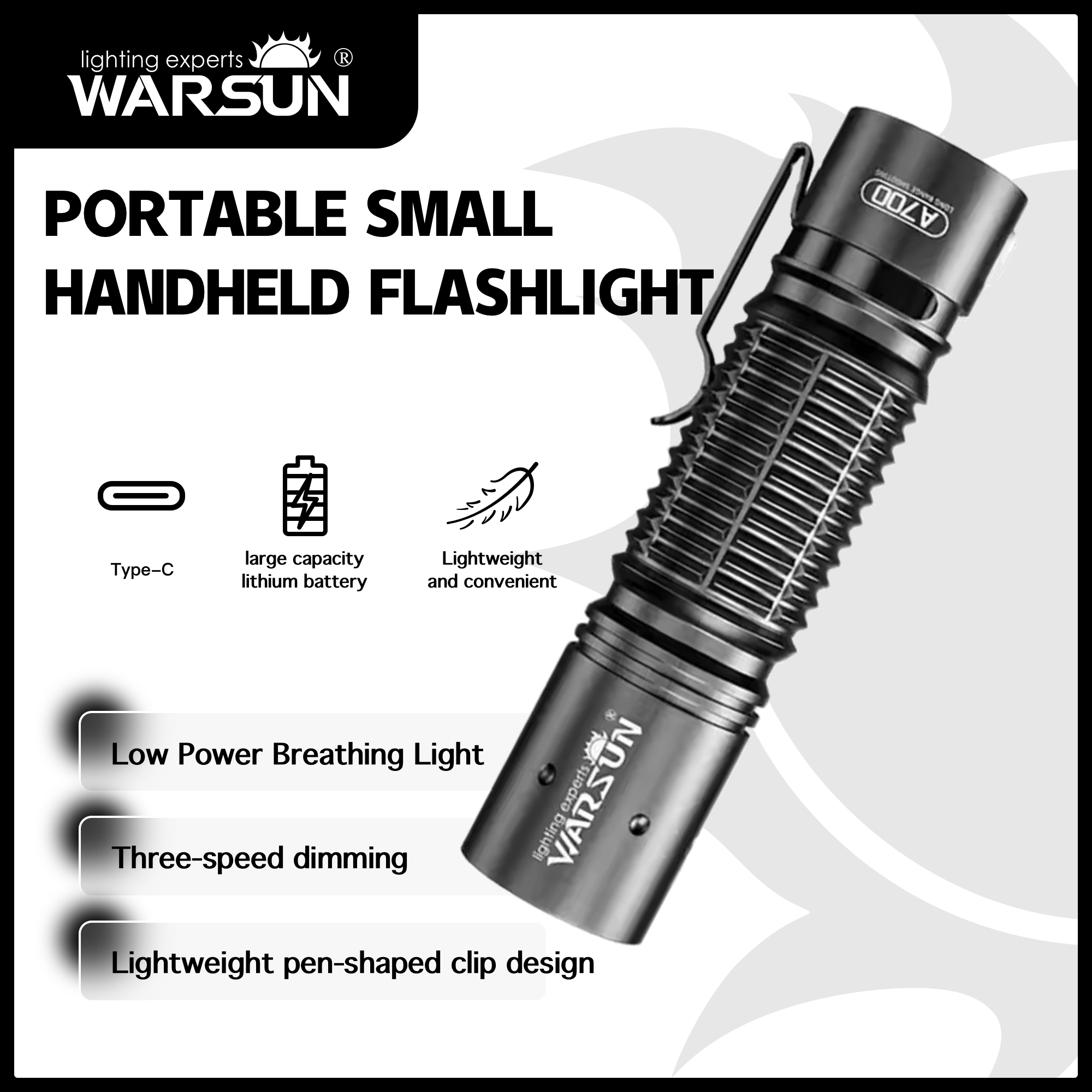 WARSUN A700 Mini Lanterna EDC de Liga de Alumínio USB-C LED Recarregável Ultra Brilhante Tocha de Bolso para Uso Externo