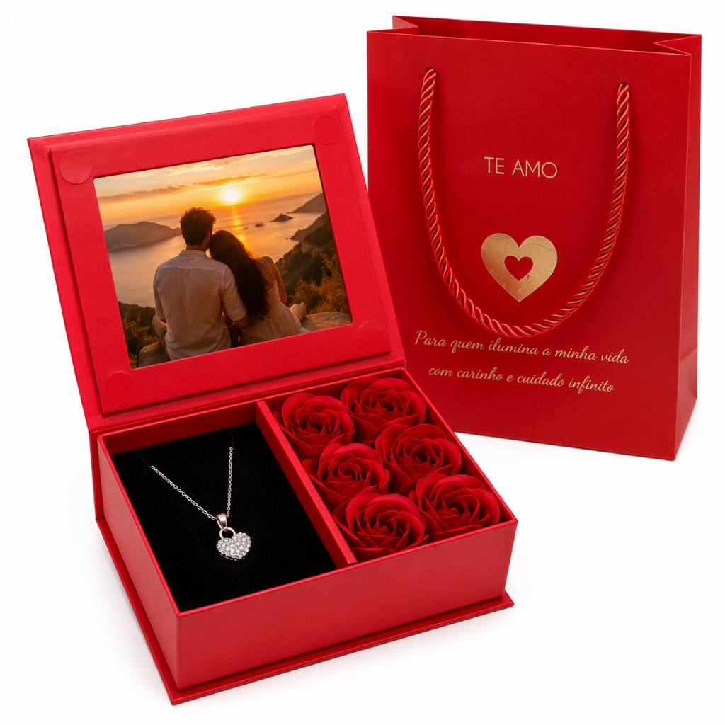 Kit Presente Namorada Esposa Caixa com Rosas Colar Porta Foto Dia dos Namorados Sacola Premium