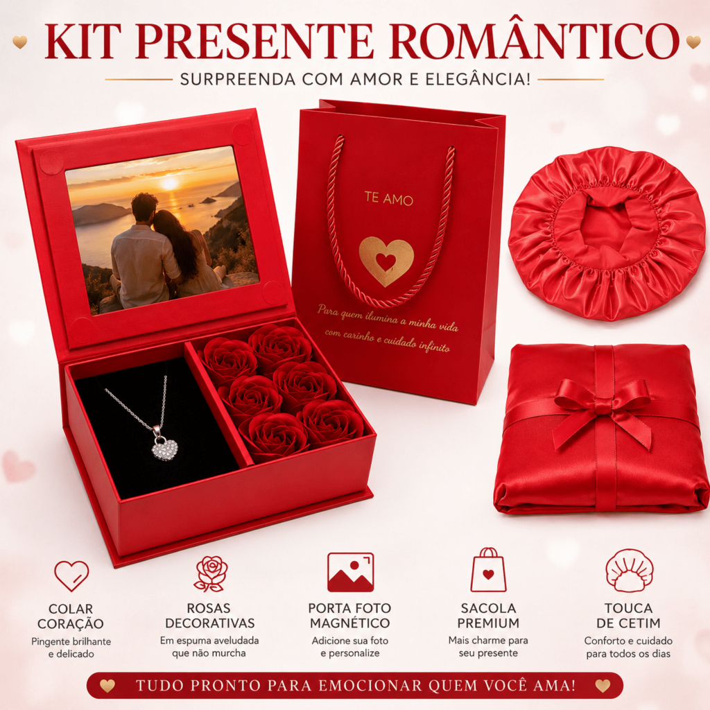 Kit Presente Dia dos Namorados Caixa com Rosas Colar Porta Foto Touca de Cetim Sacola Premium