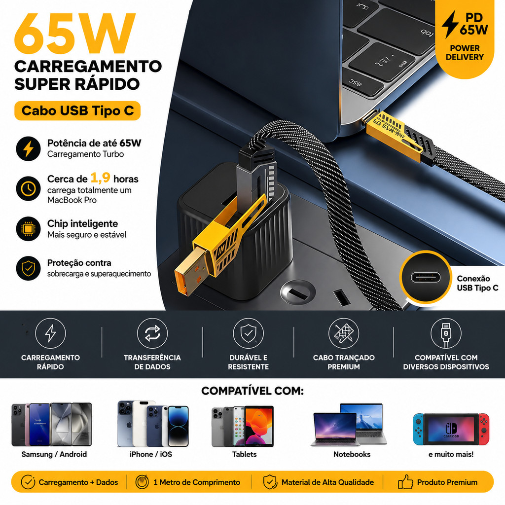 Cabo Carregador 4 Em 1 PD 65W Tipo C Para Notebook Tablet Celular iPhone